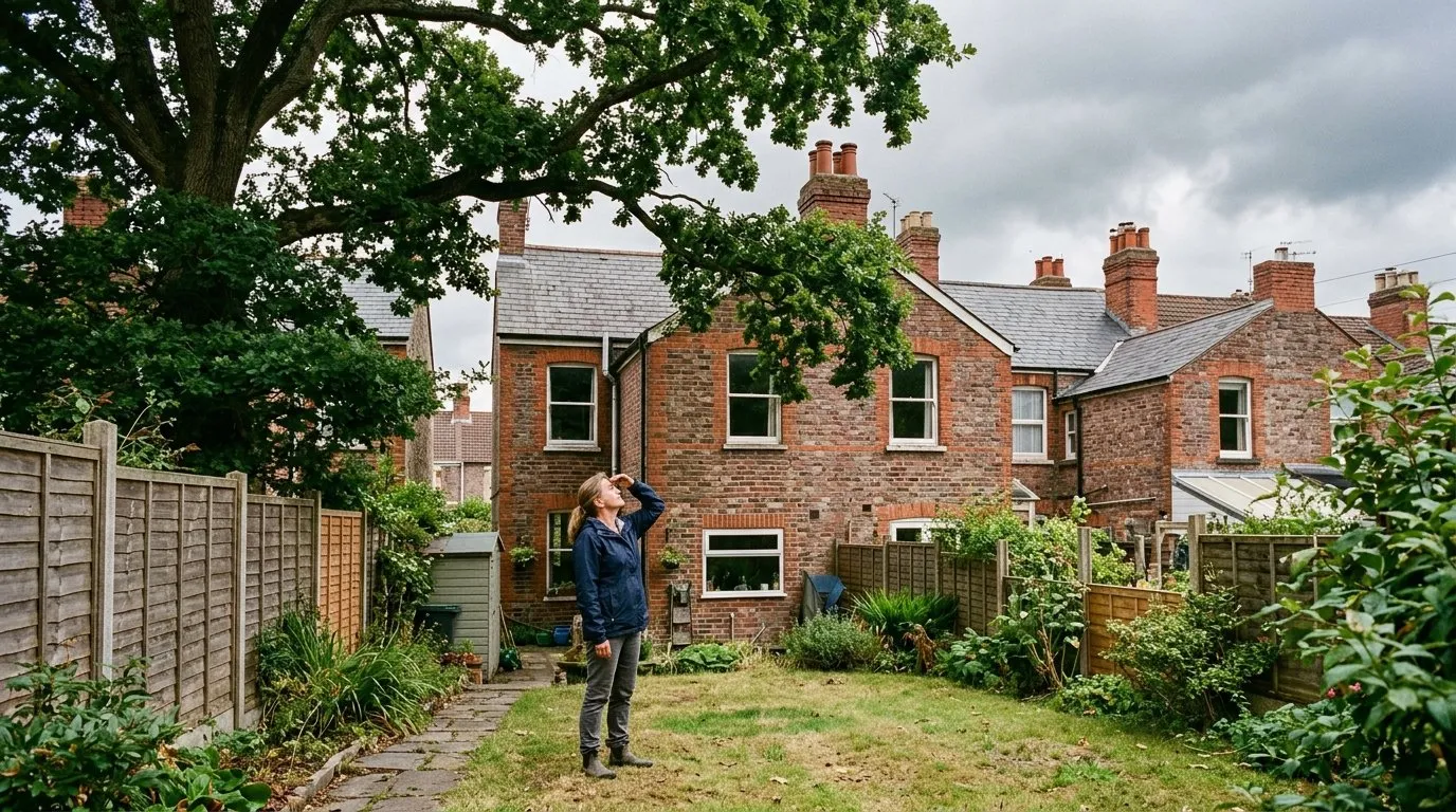 A person on the ground assessing a large overhanging limb above a house in a Bristol suburb