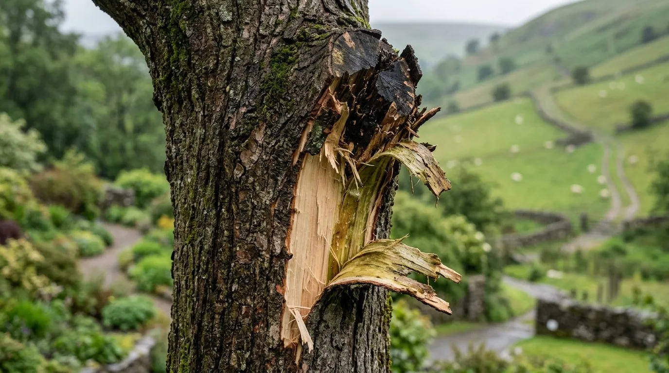 Diagram showing how a single uncut branch tears a strip of bark down a tree trunk