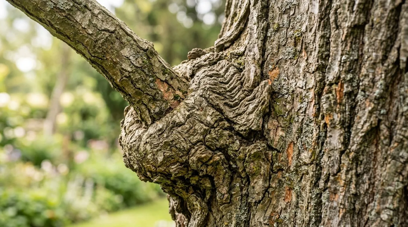 Close-up of a branch collar and bark ridge on a tree trunk showing the correct cutting line
