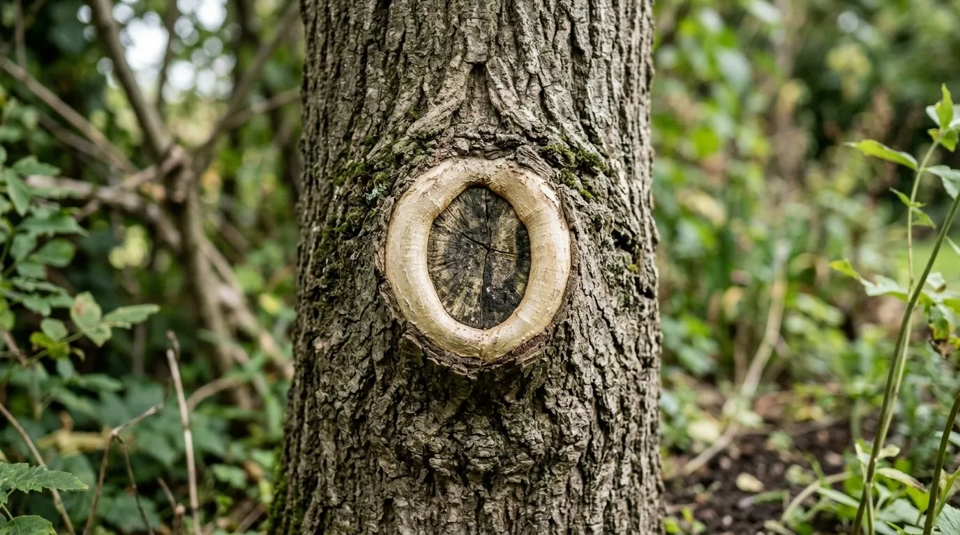 A healed pruning cut a year on, callus tissue rolling over the wound on a garden tree trunk