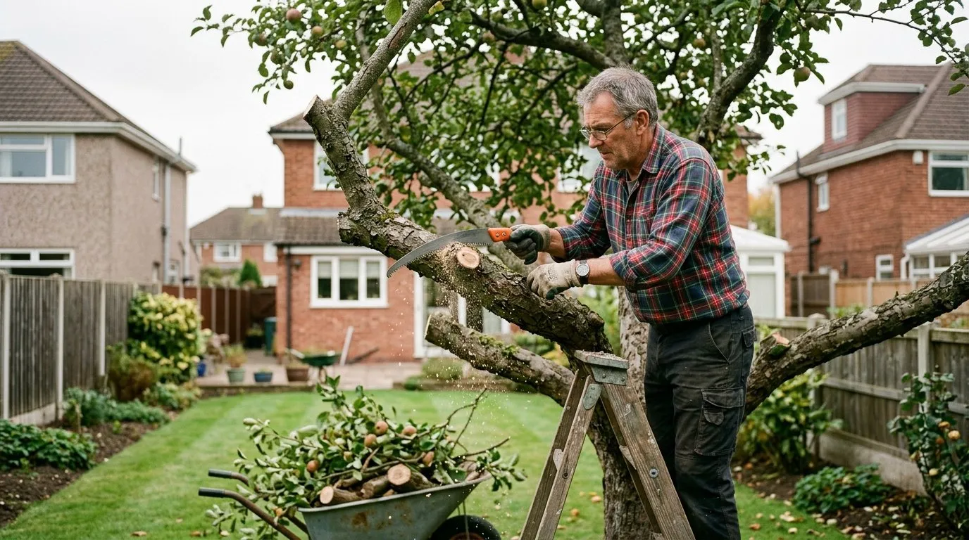 Gardener using a curved pruning saw to remove a large tree branch in a suburban Midlands back garden