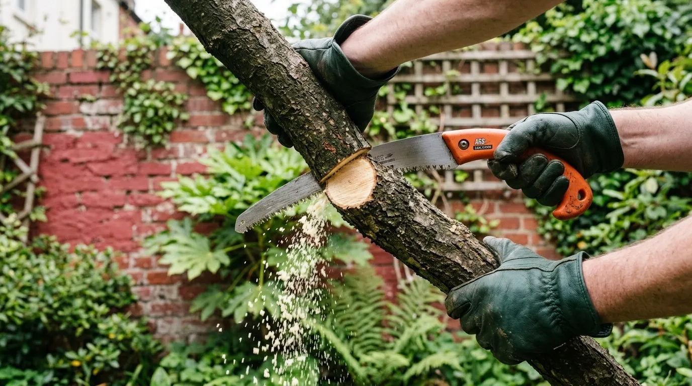 A gardener cutting a tree limb with a curved pruning saw, close on the hands and blade