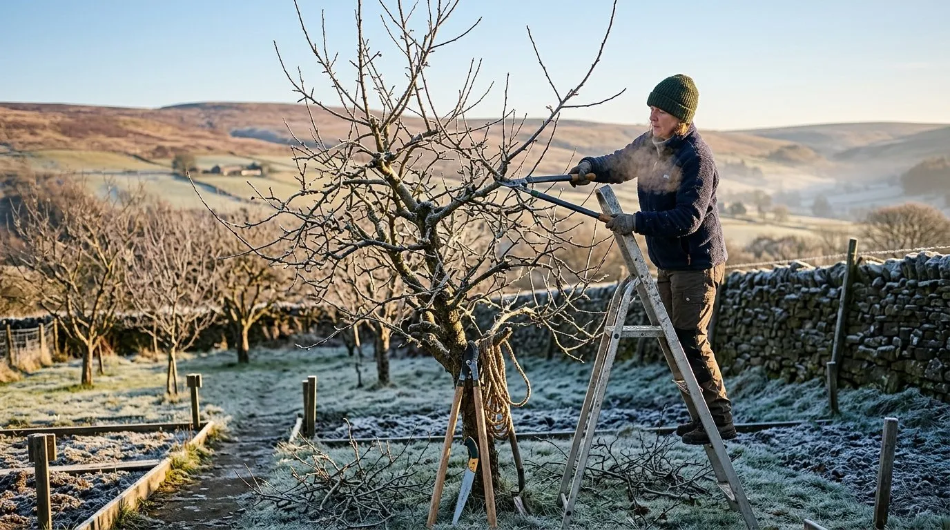 Apple tree being pruned in a dormant winter orchard on an allotment in West Yorkshire