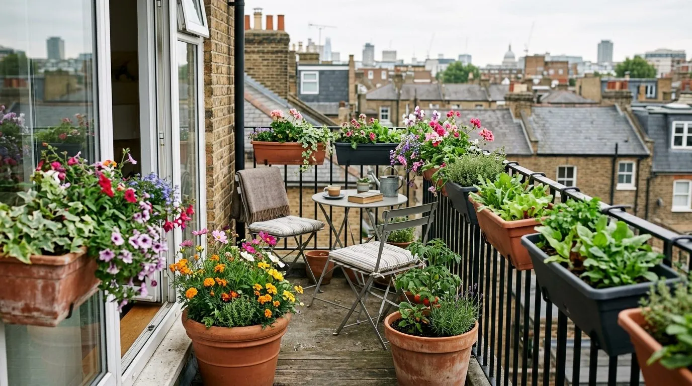 UK flat balcony with railing-mounted no-drill planters, floor pots and a folding bistro set