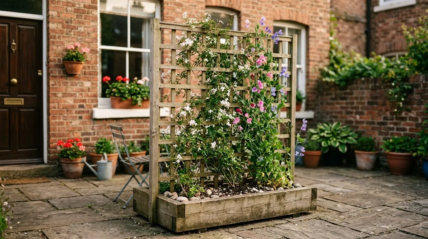 Freestanding wooden trellis screen weighted in a planter with climbing jasmine on a rented patio