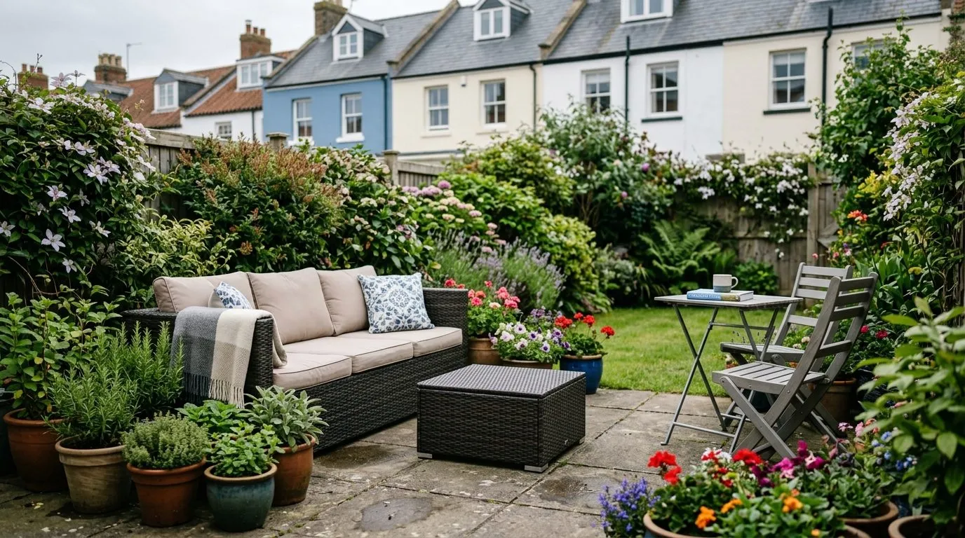 Movable rattan-effect outdoor sofa and folding chairs among grouped pots on a rented patio