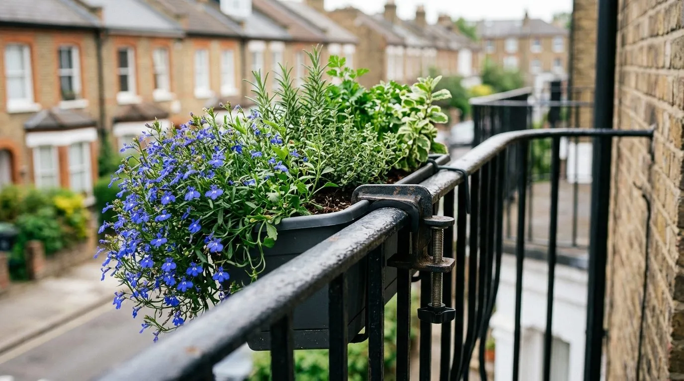No-drill clamp-on planter gripping a metal balcony railing planted with trailing lobelia and herbs