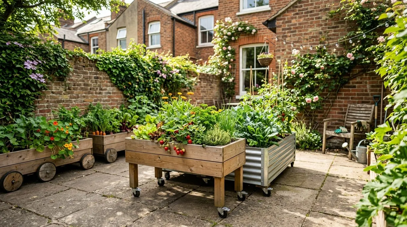 Freestanding raised planters on wheels and feet planted with vegetables on a paved rented courtyard