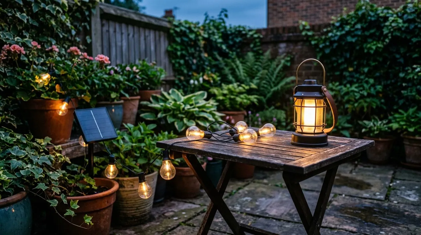 Solar string lights and a battery lantern glowing at dusk on a small rented patio