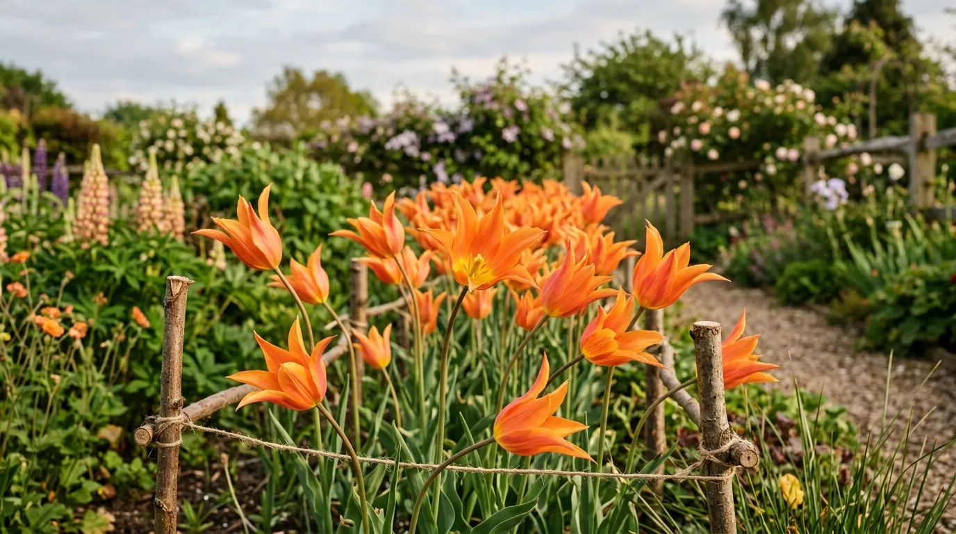 Ballerina lily-flowered orange tulips in full bloom in a UK cutting garden with hazel pea sticks