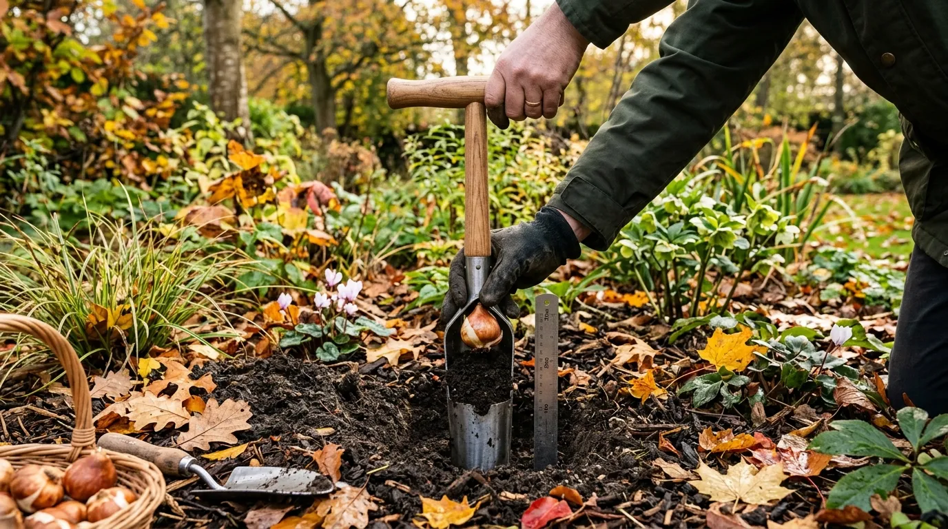 Hand using a long-handled bulb planter to plant a tulip bulb deep in a UK border with a ruler showing 20cm depth