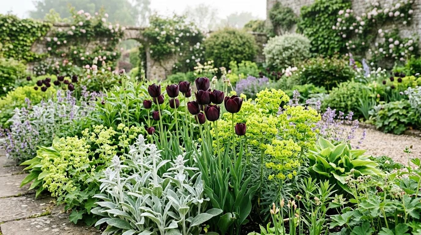 Queen of Night tulips with grey stachys foliage and lime green euphorbia in a UK border in mid-May