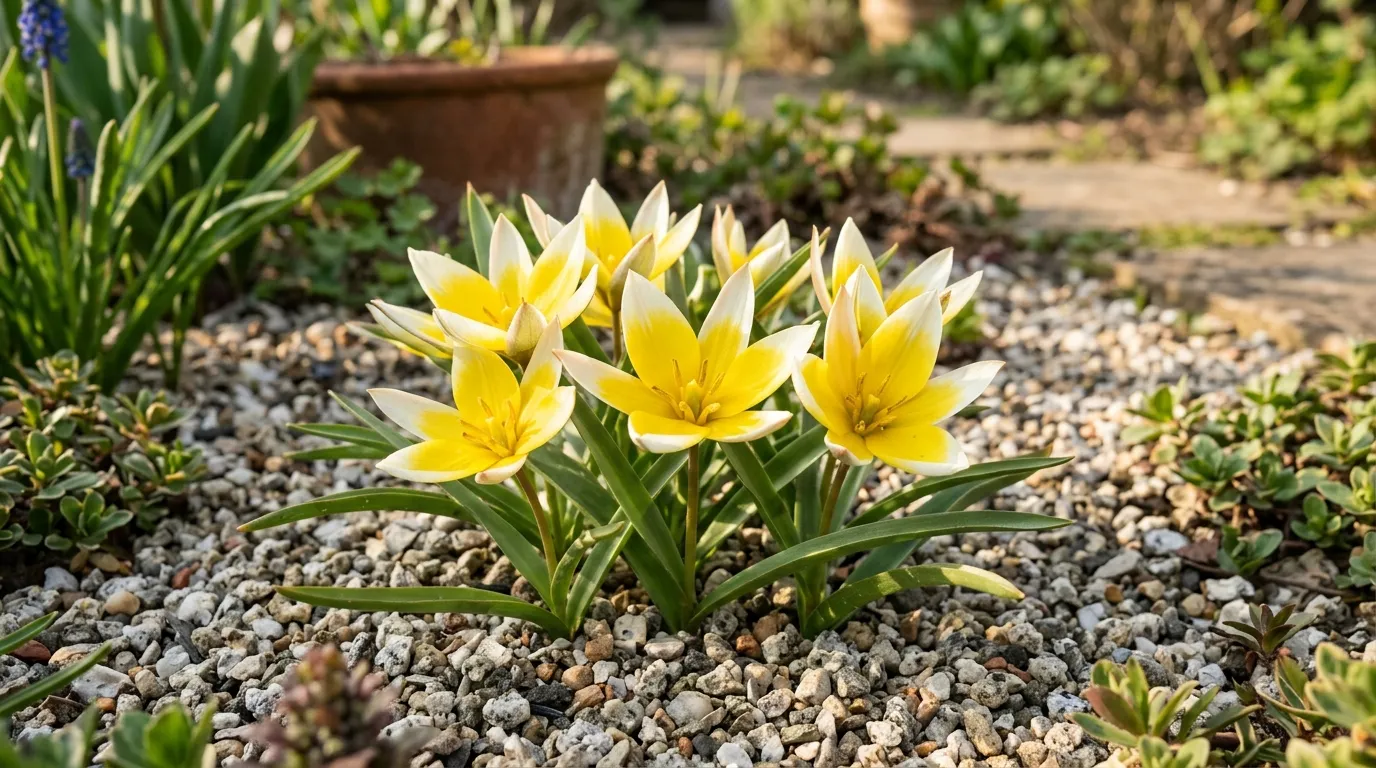 Tulipa tarda yellow star flowers naturalising in a UK gravel border in late April with stones and small grasses around