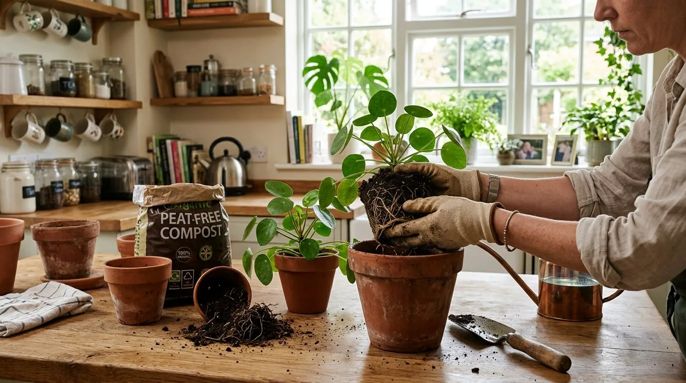 Hands repotting a houseplant on a wooden table with terracotta pots and fresh compost