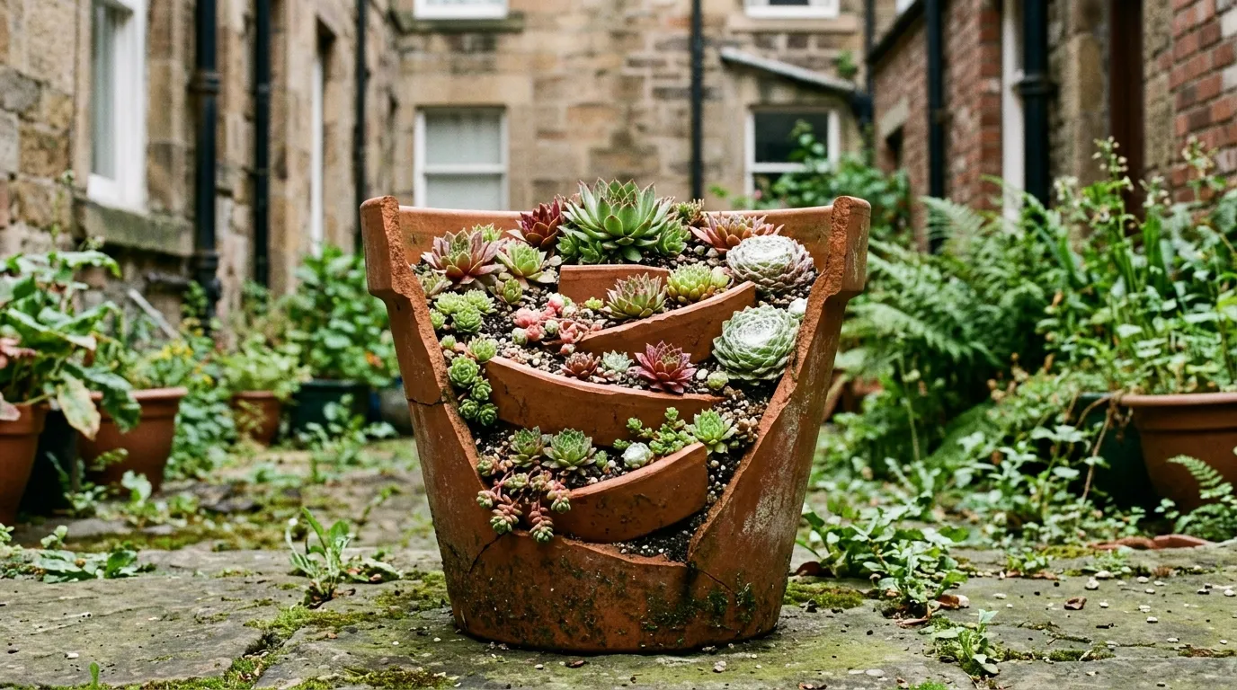 Technical build of a layered broken pot succulent garden with terracotta shards forming terraces planted with houseleeks