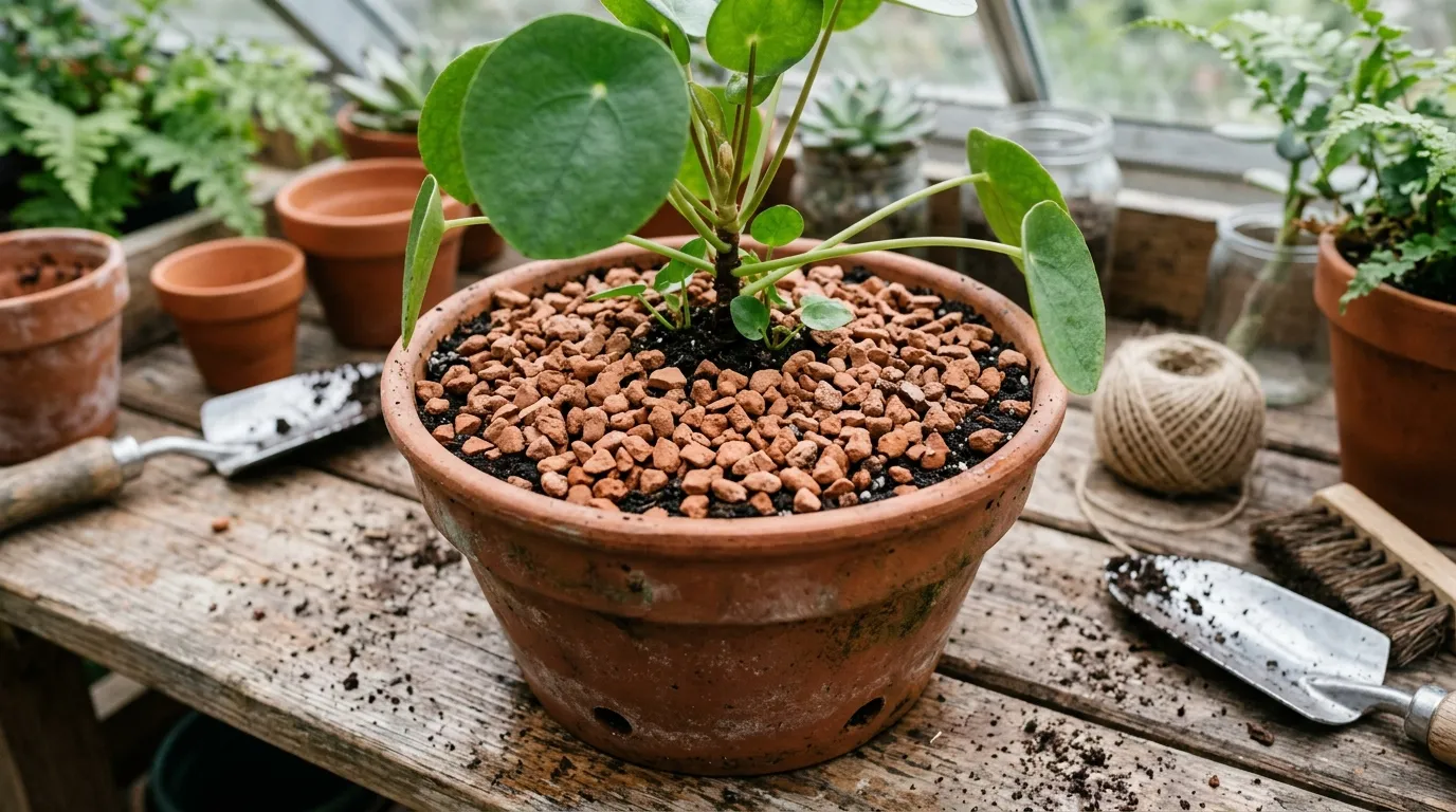 Crushed terracotta top-dressing at 6 to 10mm spread over compost in a UK garden container