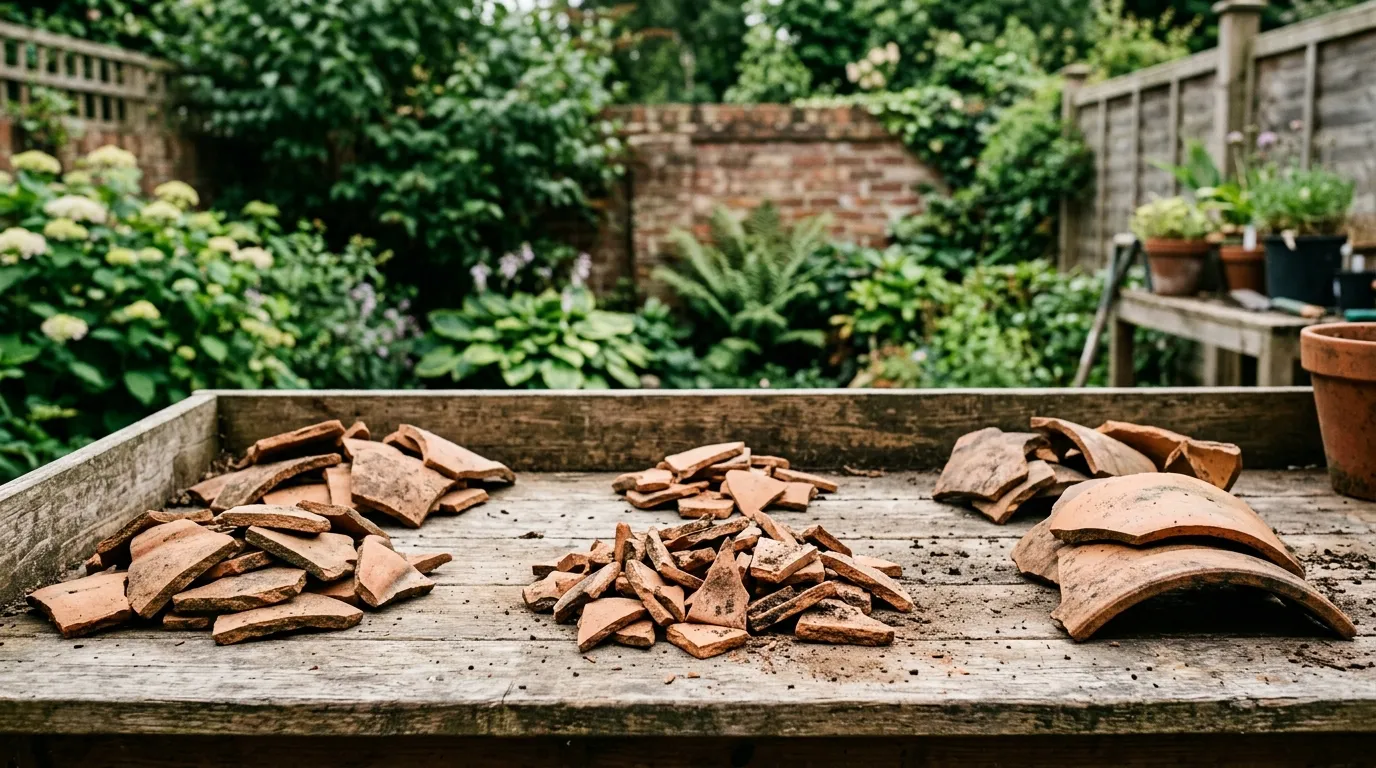 Reuse broken plant pots: terracotta shards sorted on a UK potting bench ready for upcycling projects