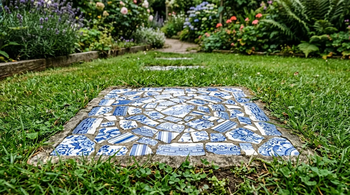 Proof of life mosaic stepping stone made from broken blue and white crockery set into a UK lawn path