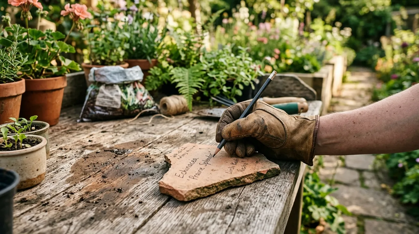 Hand writing a plant variety name on a flat terracotta shard label on a UK potting bench