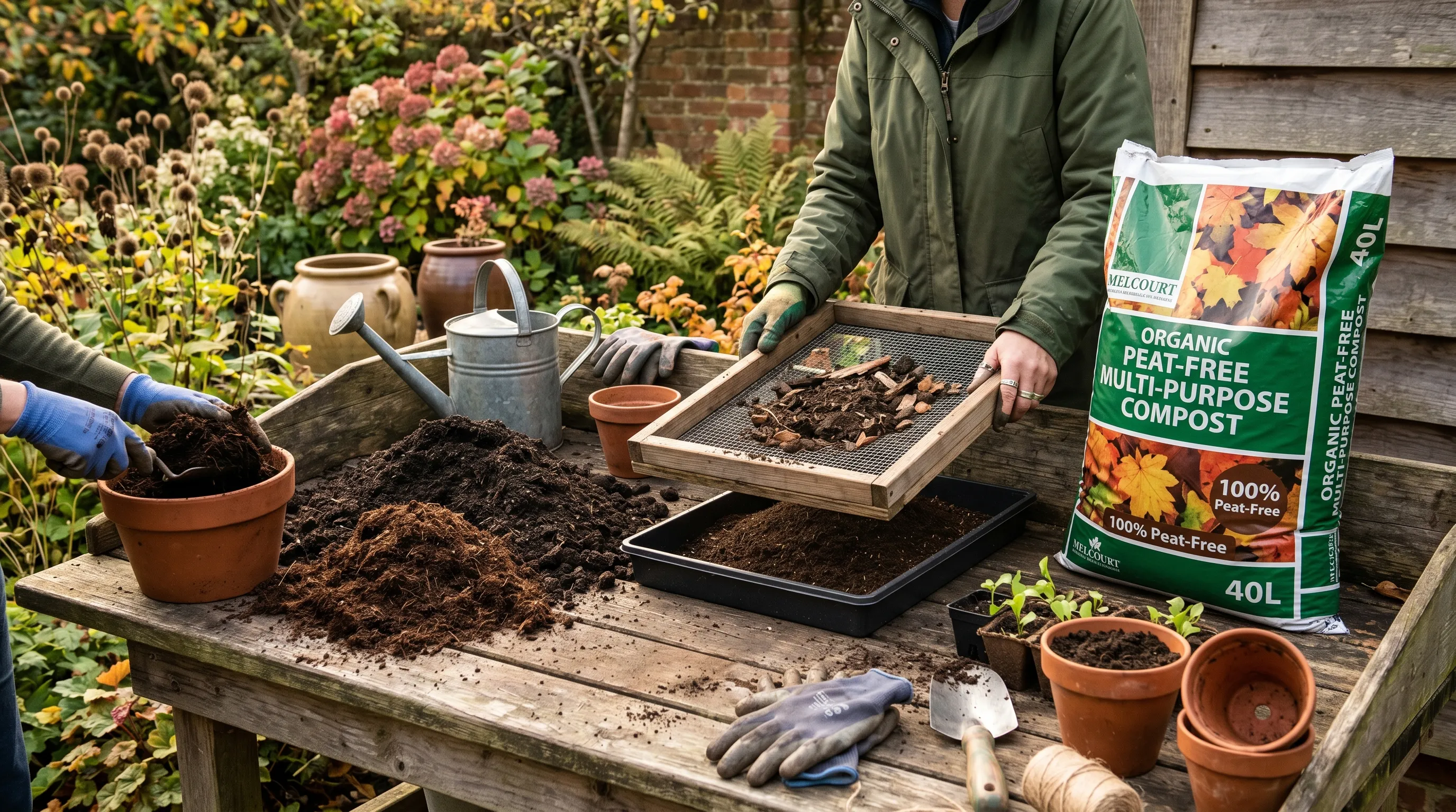 UK garden potting bench with three piles of spent compost being refreshed - one being mixed with fresh compost, one being sifted into a tray, one full bag of fresh peat-free compost ready beside, autumn afternoon