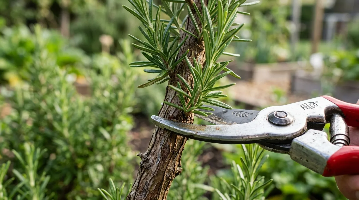 Close-up of a rosemary stem showing the boundary between bare brown woody base and the lowest patch of green needled growth with bypass secateurs positioned above the green ready to cut