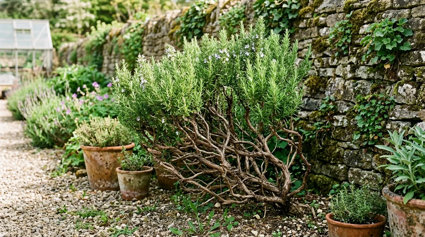 Old woody rosemary bush Salvia rosmarinus with leggy bare brown stems and green needle foliage only at the tips in a UK herb border