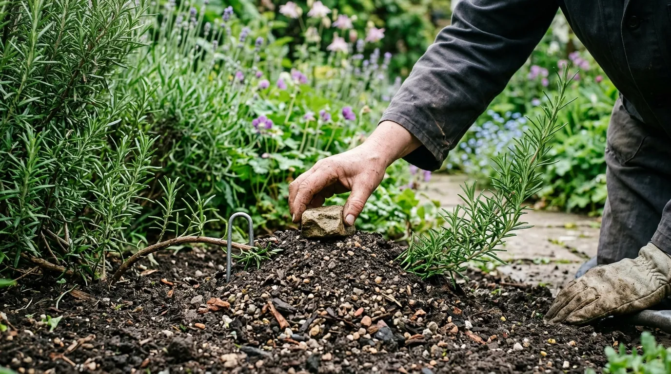 A layering propagation technique on a low rosemary branch pinned to the ground with a metal staple under gritty compost with a stone weight on top