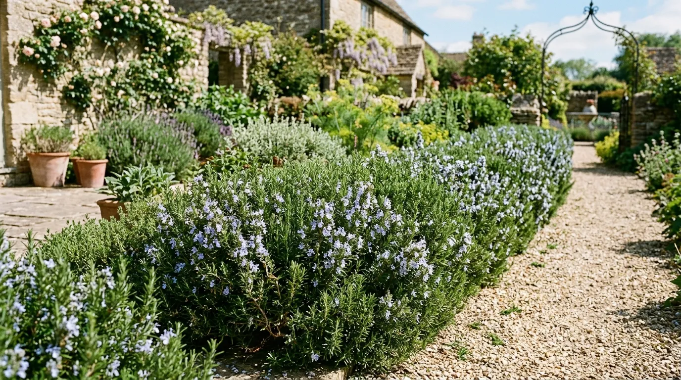 Miss Jessopps Upright rosemary forming a low informal hedge along a gravel path in a UK herb garden with dense compact green foliage and pale blue flowers