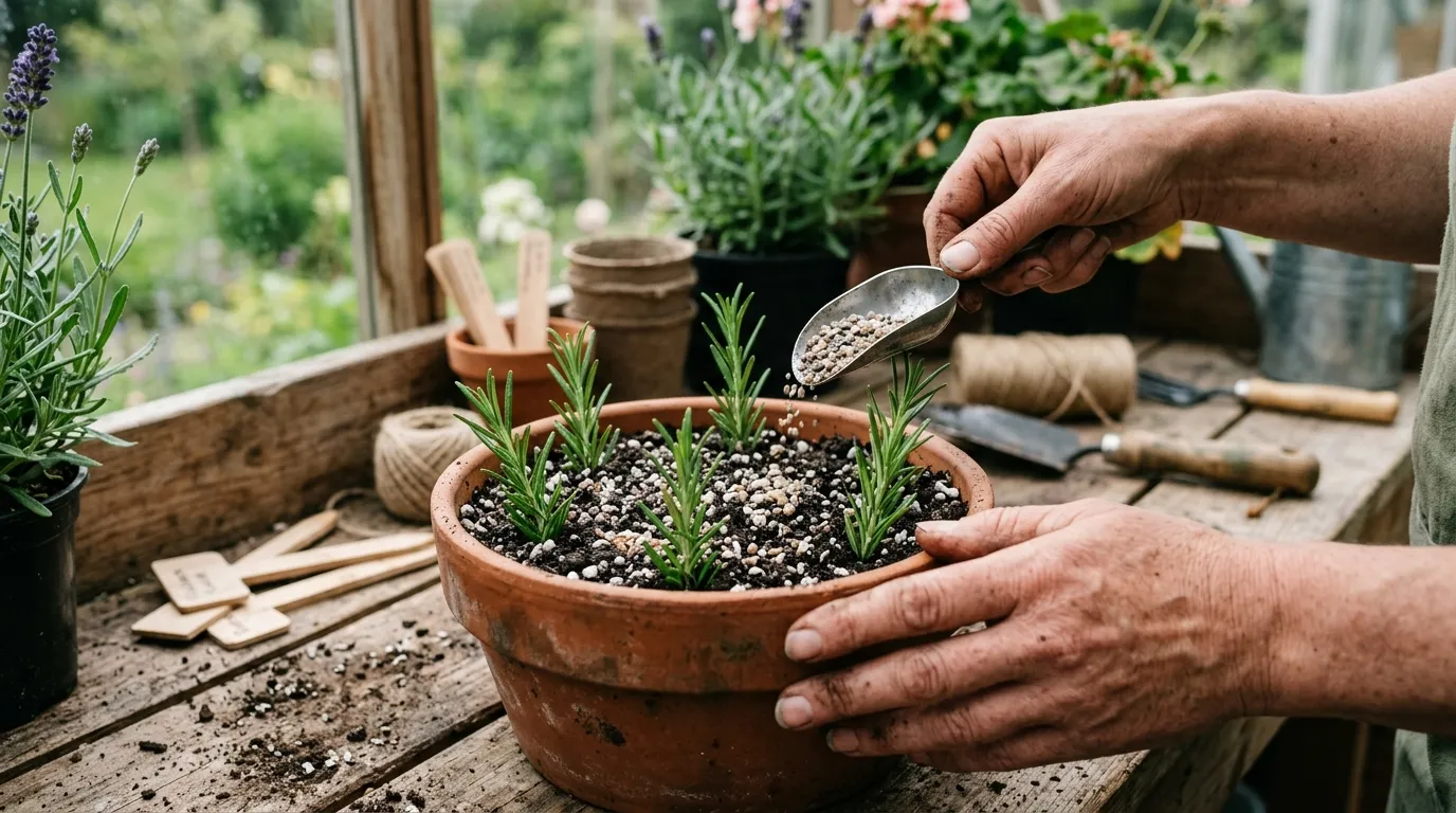 Rosemary softwood cuttings in a terracotta pot of gritty compost with gardener's hands sprinkling horticultural grit on the surface on a potting bench