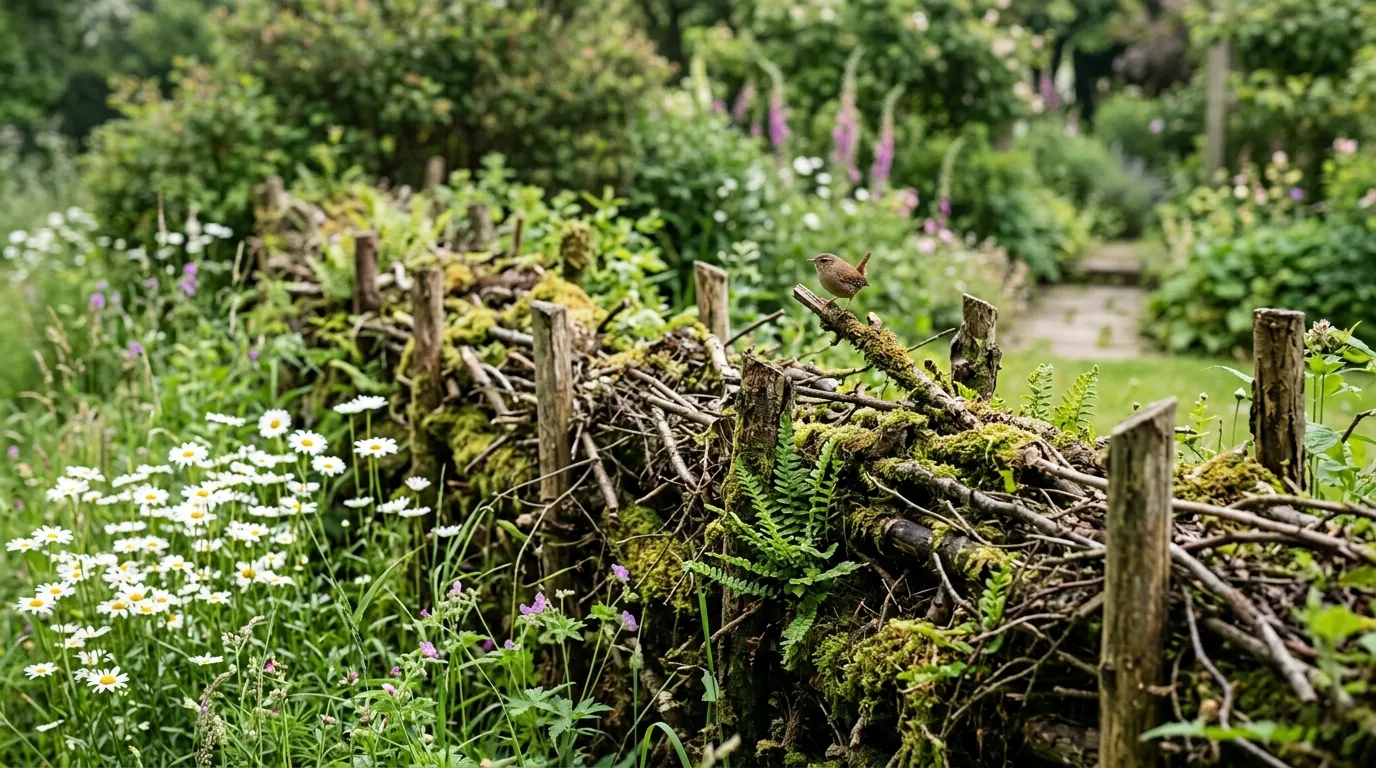 Rustic dead hedge made from pruning waste between upright stakes covered in moss and ferns with ox-eye daisies nearby