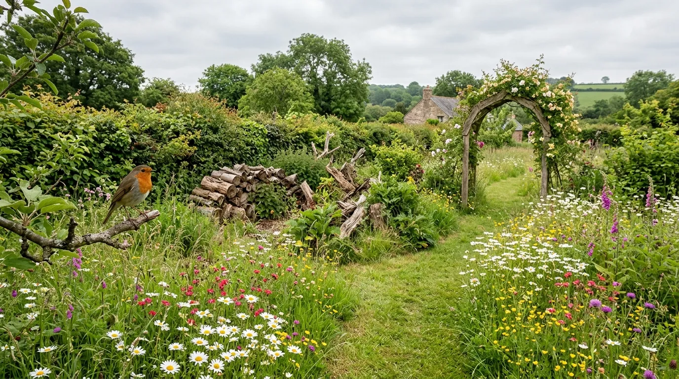 Rewilded English garden with wildflower patches grass paths a log pile habitat and native hedgerow in early summer