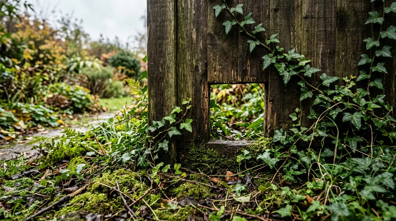 A hedgehog highway cut into the base of a wooden garden fence panel with ivy and moss around the opening