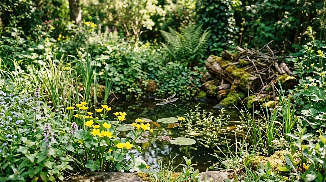 Small wildlife pond with native marginal plants including marsh marigold and water mint in a rewilded garden