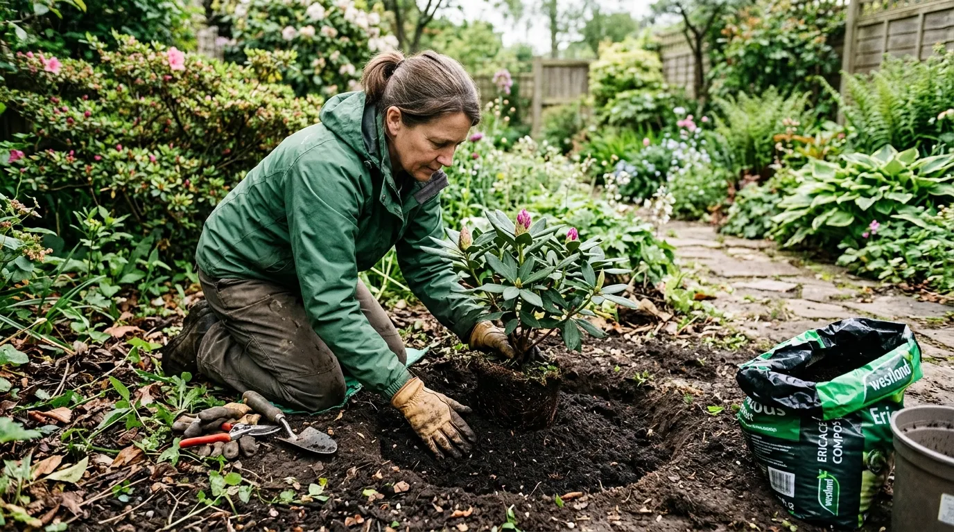 Gardener planting a rhododendron in ericaceous compost in a UK garden