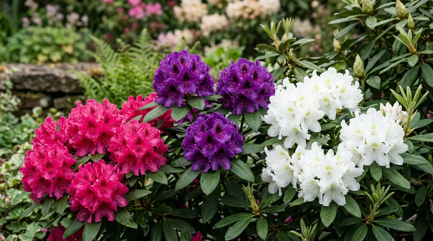 Three different rhododendron varieties showing contrasting pink purple and white flower colours in a UK garden border