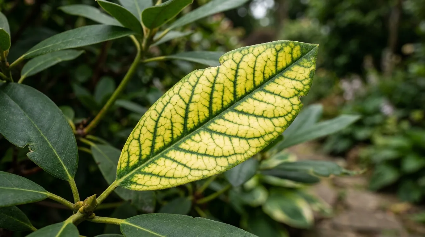 Close-up of rhododendron leaves showing yellowing between green veins typical of iron chlorosis