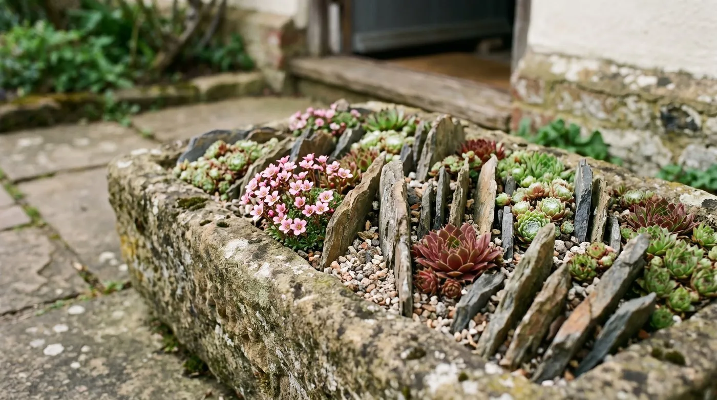 Close-up of a stone crevice trough planted with saxifrages and sempervivums between upright slate pieces