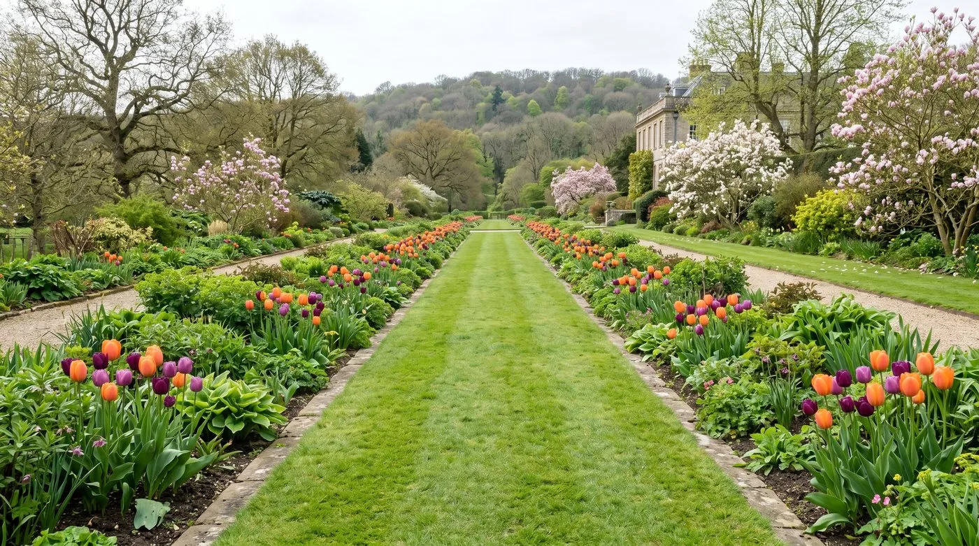Twin mixed borders at RHS Wisley in mid-April with repeated groups of tulips running towards Battleston Hill