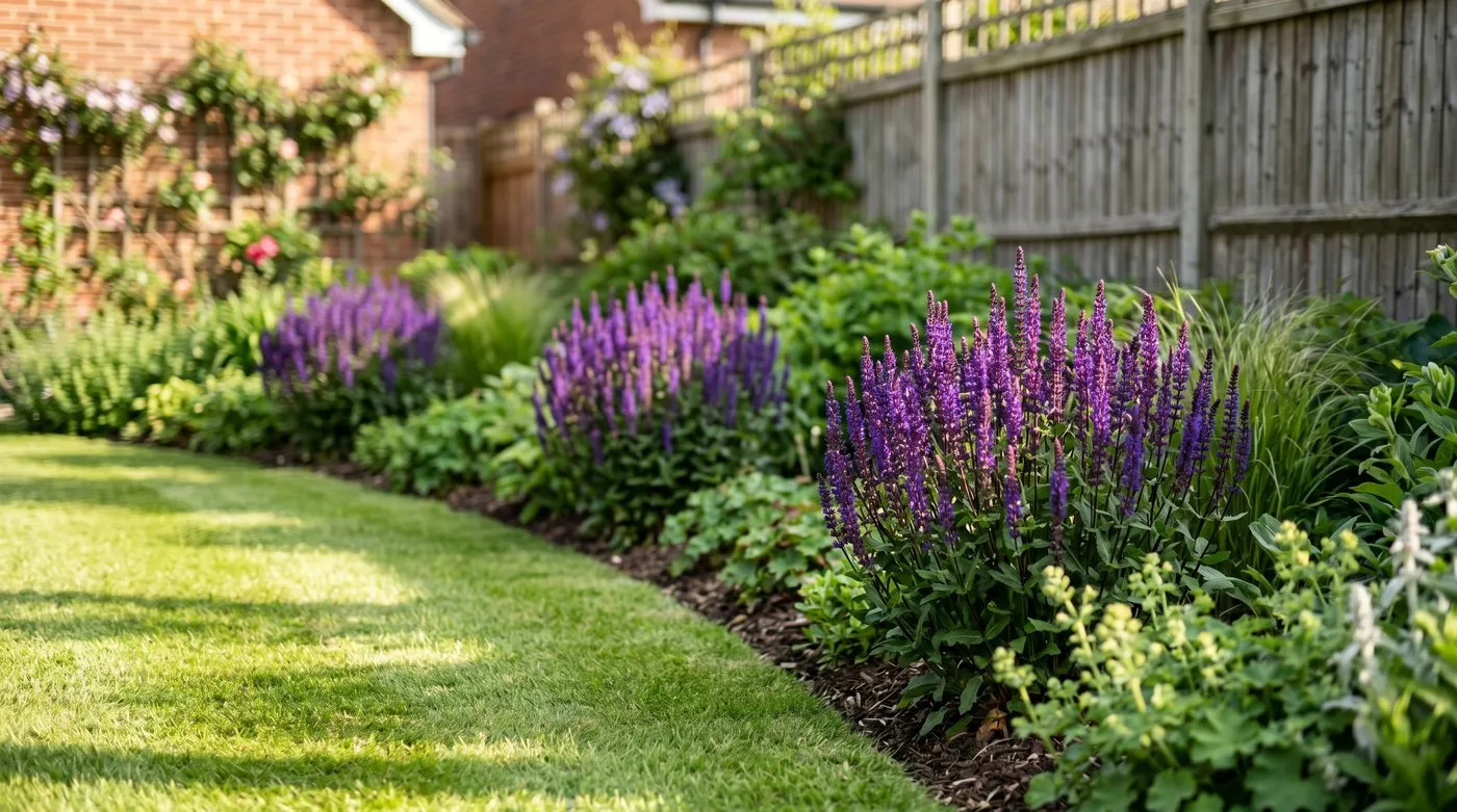 Suburban Surrey garden border with three repeated groups of purple salvia planted at even spacings