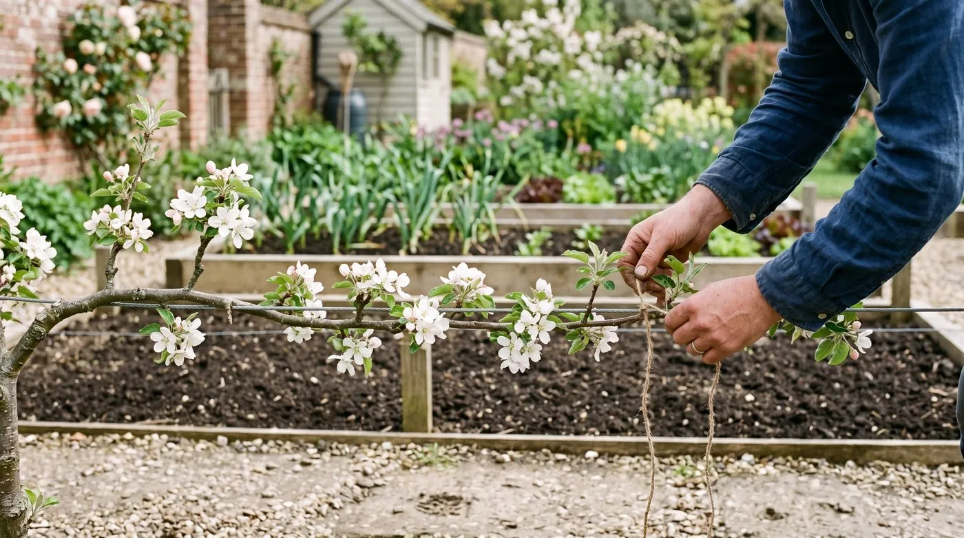Step-over apple tree trained along a low wire edging a vegetable bed in a home-counties garden