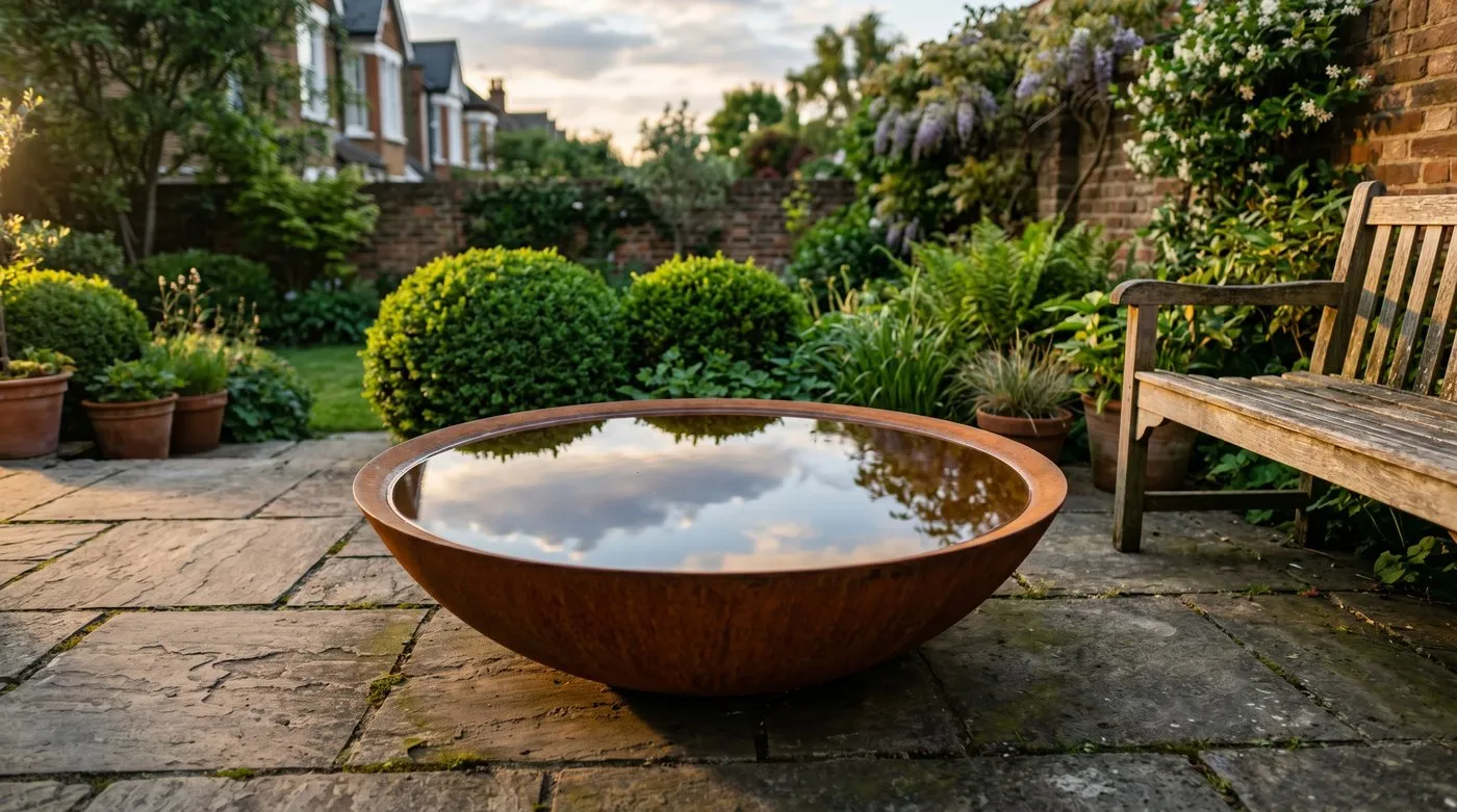 Corten steel water bowl reflecting open sky on a small suburban patio with low evening light