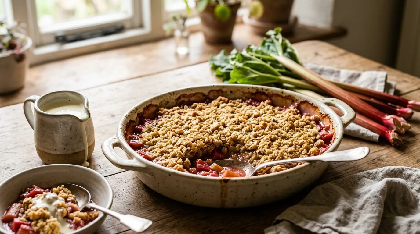 Rhubarb crumble in a ceramic baking dish with golden oat topping next to garden rhubarb stalks and custard jug UK kitchen