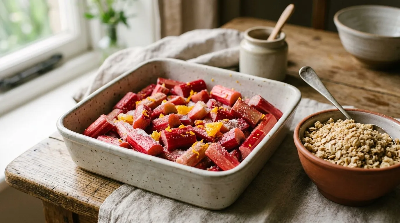 Fresh UK garden rhubarb stalks chopped in a ceramic baking dish with sugar and orange zest