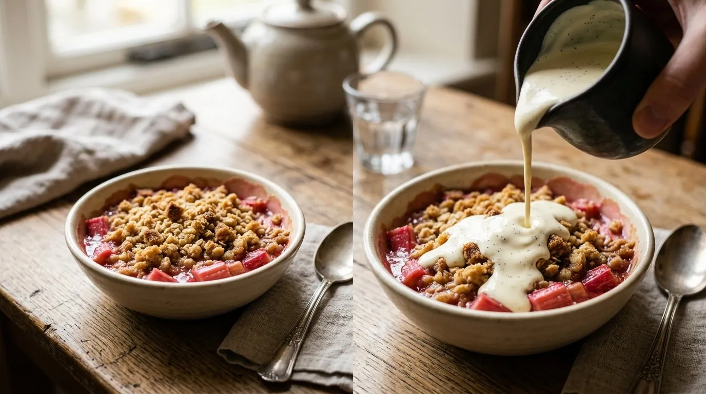 UK rhubarb crumble served warm in a small bowl with a pour of double cream