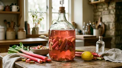 Homemade UK rhubarb gin steeping in a tall glass demijohn jar with pink rhubarb stalks visible inside the rosy liquid, fresh rhubarb stalks and lemon nearby on a kitchen worktop
