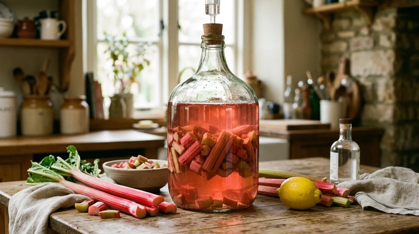 Homemade UK rhubarb gin steeping in a tall glass demijohn jar with pink rhubarb stalks visible inside the rosy liquid, fresh rhubarb stalks and lemon nearby on a kitchen worktop