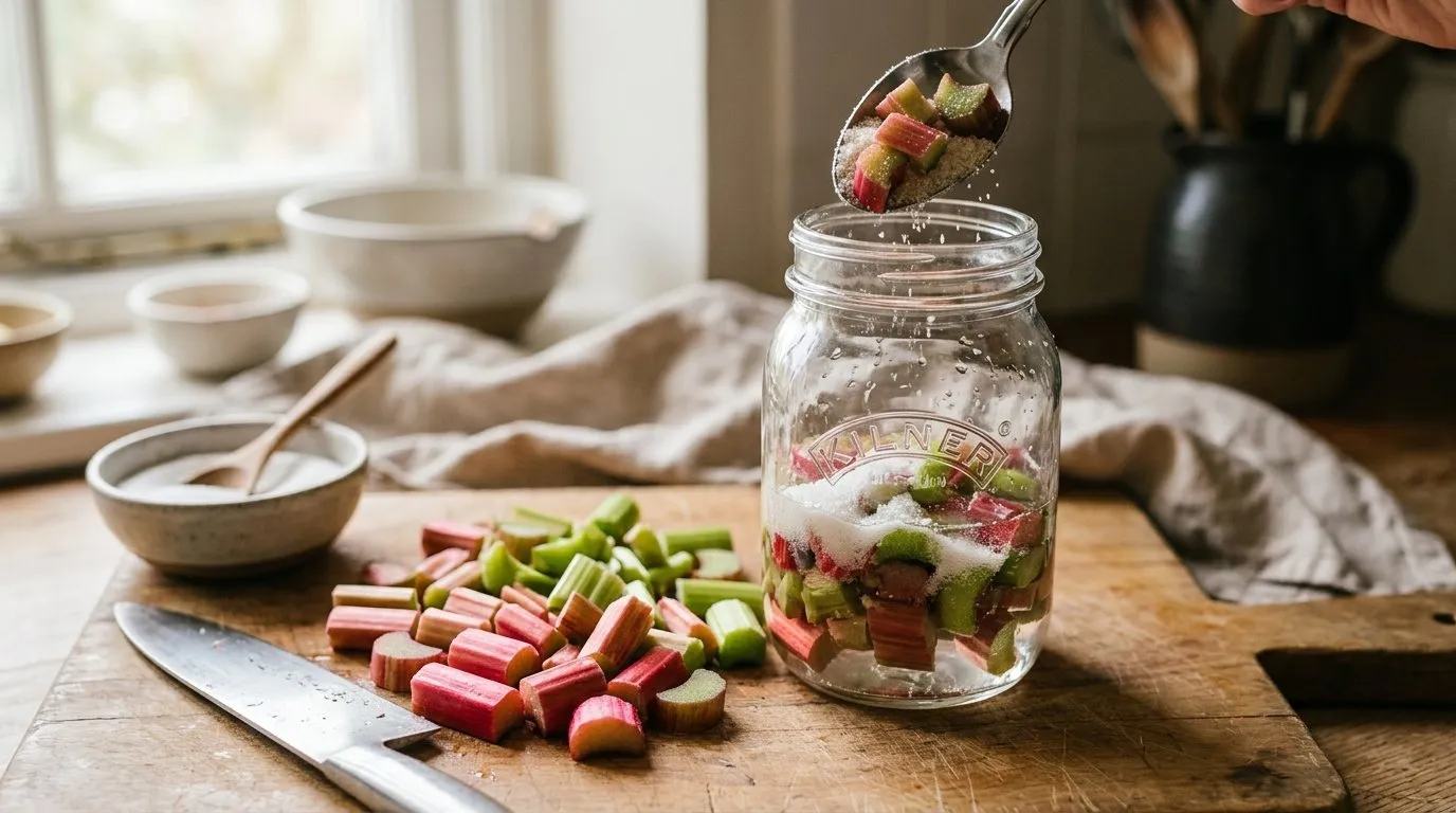 Chopped fresh UK rhubarb stalks pink and green being added to a clean glass jar with sugar and gin, wooden chopping board with knife nearby