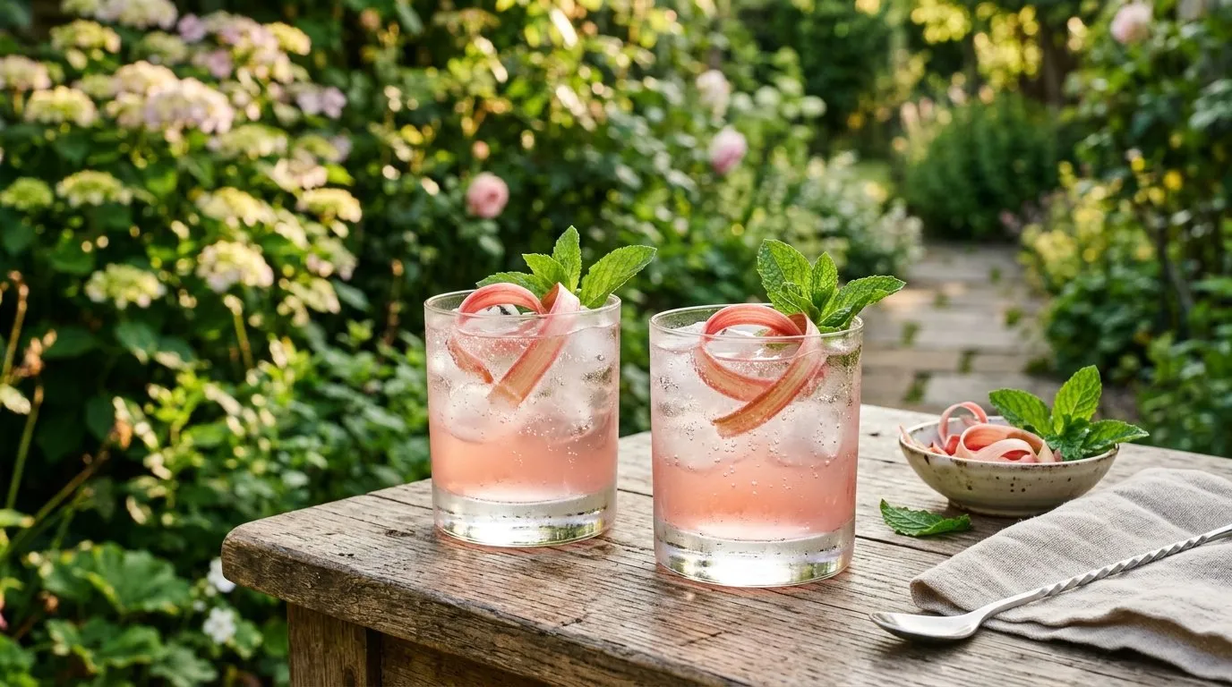 Two glass tumblers of UK rhubarb gin and tonic with ice fresh rhubarb ribbons and a sprig of mint on a summer outdoor table