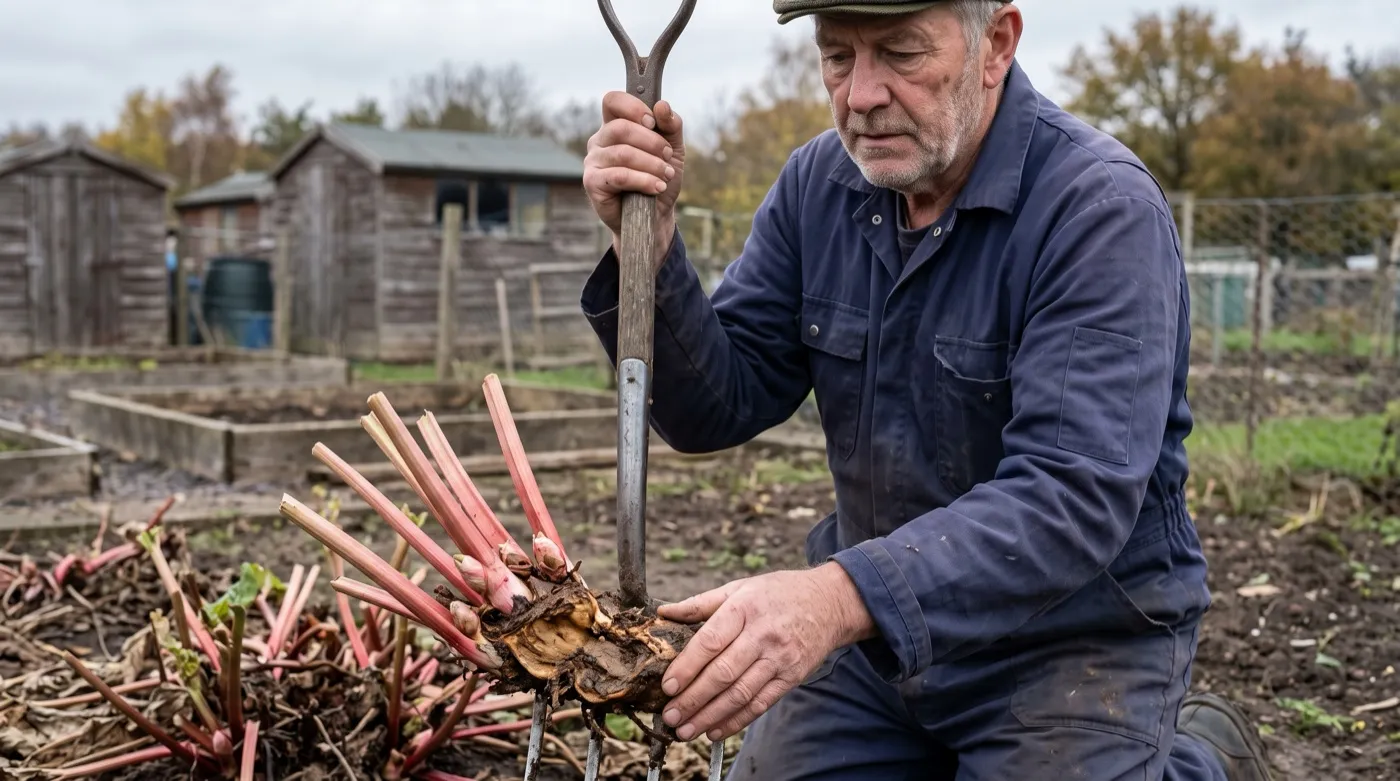 Gardener lifting a rhubarb crown rotted at the base with a fork on a Staffordshire allotment