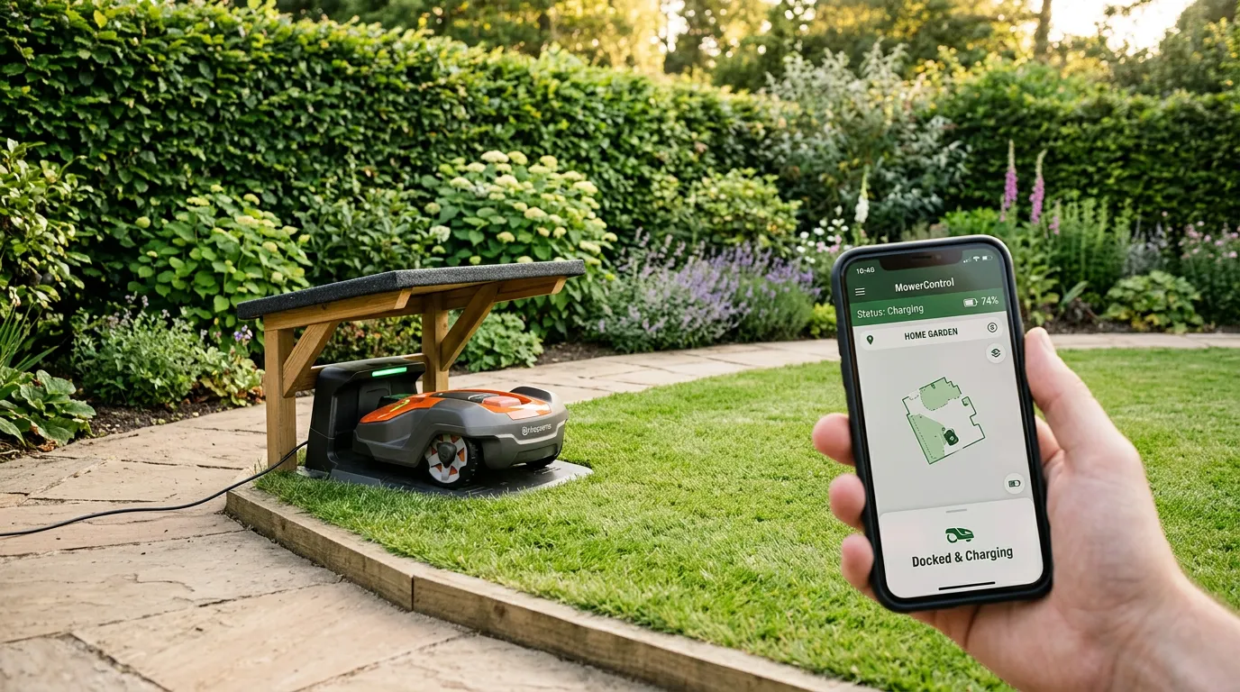 Robot mower charging station on a lawn edge with garden path and privet hedge in a British garden